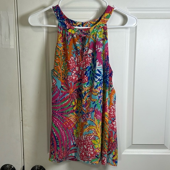Lilly Pulitzer silk halter floral tank blouse size medium pink blue top tropical - Picture 1 of 5
